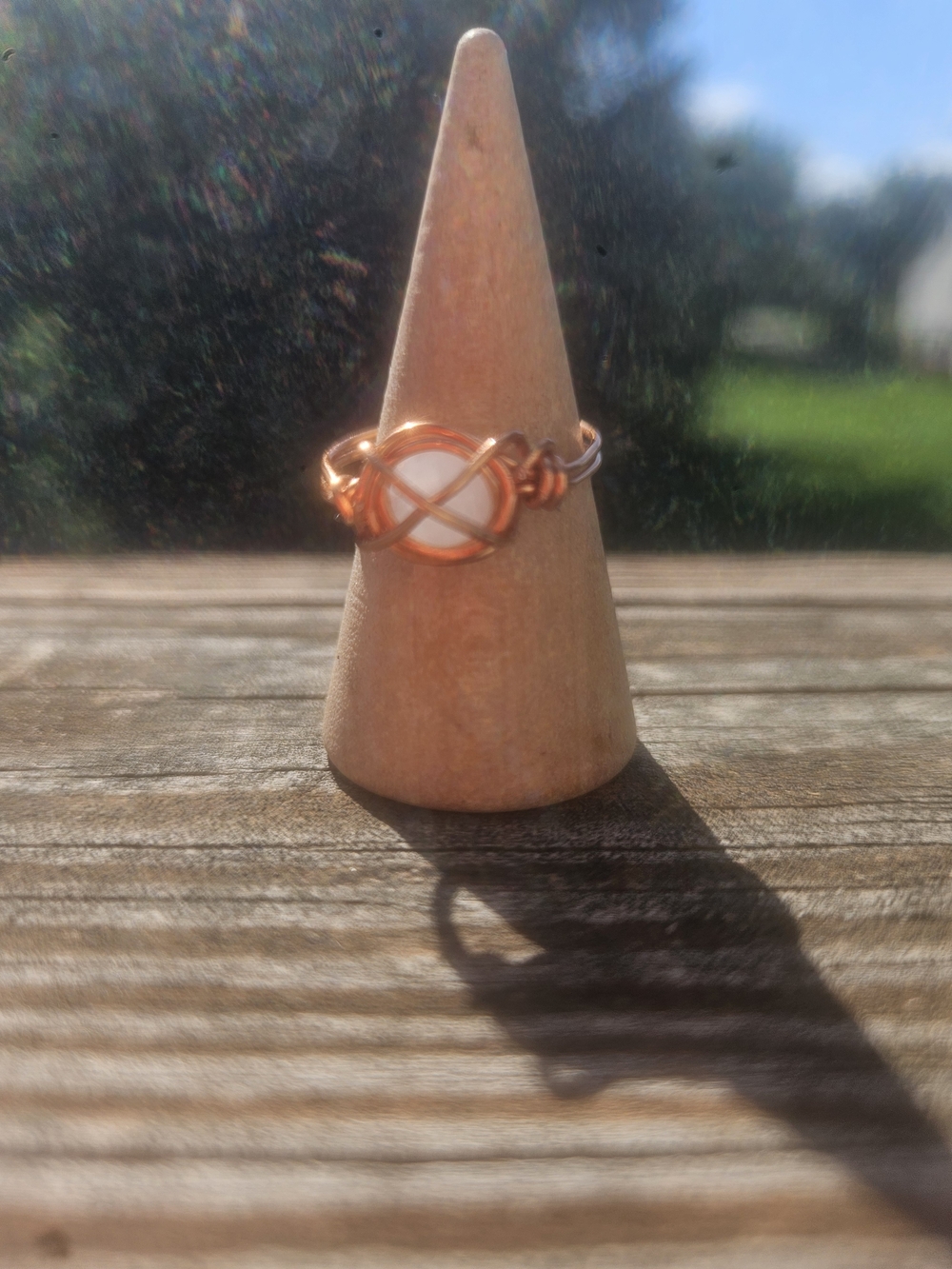 Handcrafted Copper Wire Ring with White Jade Stone - Women Jewelry
